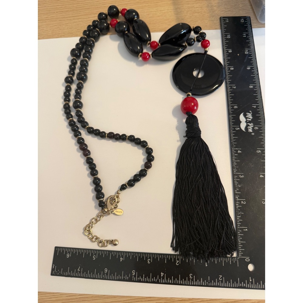 Chicos Black Red Beaded Statement Necklace Long Tassel Pendant Gold Tone Clasp